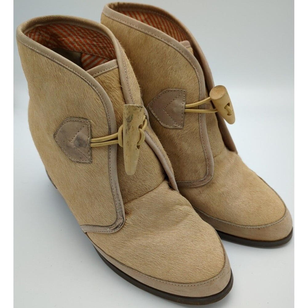 80%20 Hidden Wedge Pony Hair Ankle Bootie Womens Size 8.5 Tan‎ Vtg Leather Shoes